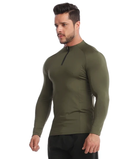 Roupas por atacado novo design masculino verde/preto cores contrastantes manga comprida camisa esportiva de compressão com divisão inferior